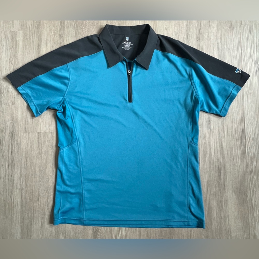 Kuhl Men's Blue and Black Polo Shirt quarter zip short sleeve xl